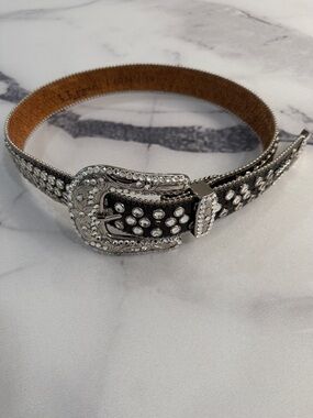 b.b. simon Crystal Embellished Black Gator Print Leather Belt Style L 6034